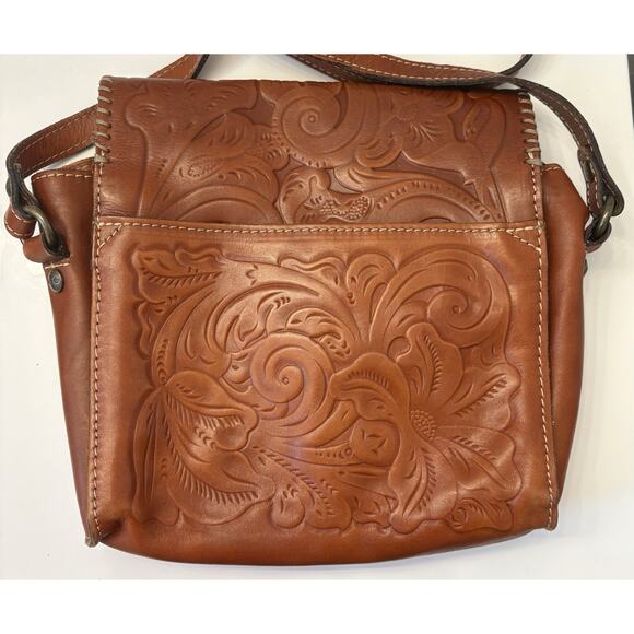 Patricia Nash Brown Tooled Italian Leather Crossbody Bag Western Style Clasp - Picture 4 of 16